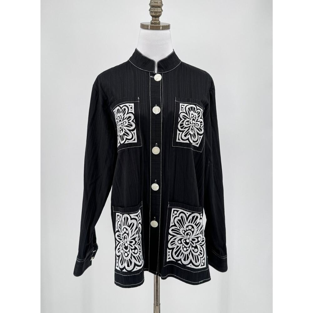 Bob Mackie Wearable Art Black Floral Embroidered Cotton Button Shirt Sz L